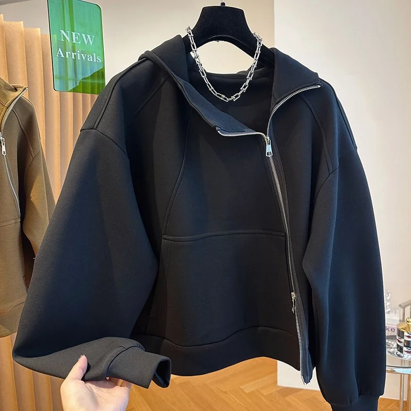 

Диагональная молния, свободный кардиган с капюшоном, толстовка, куртка, женский топ трапециевидной формы на весну и осень