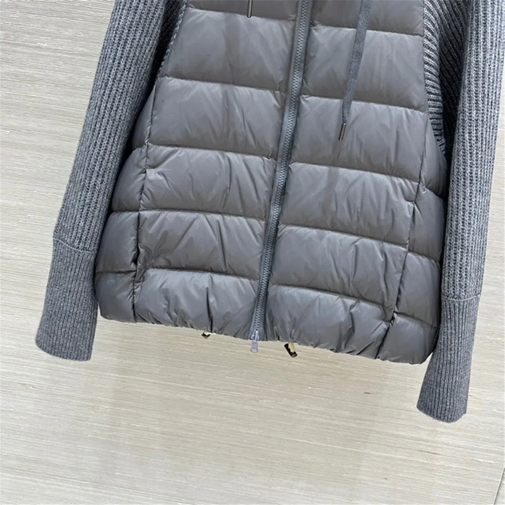 Winter Cashmere Wool Knitted Sleeve Splicing Hooded Goose DownJacket Women\'s Light Warm Jacket