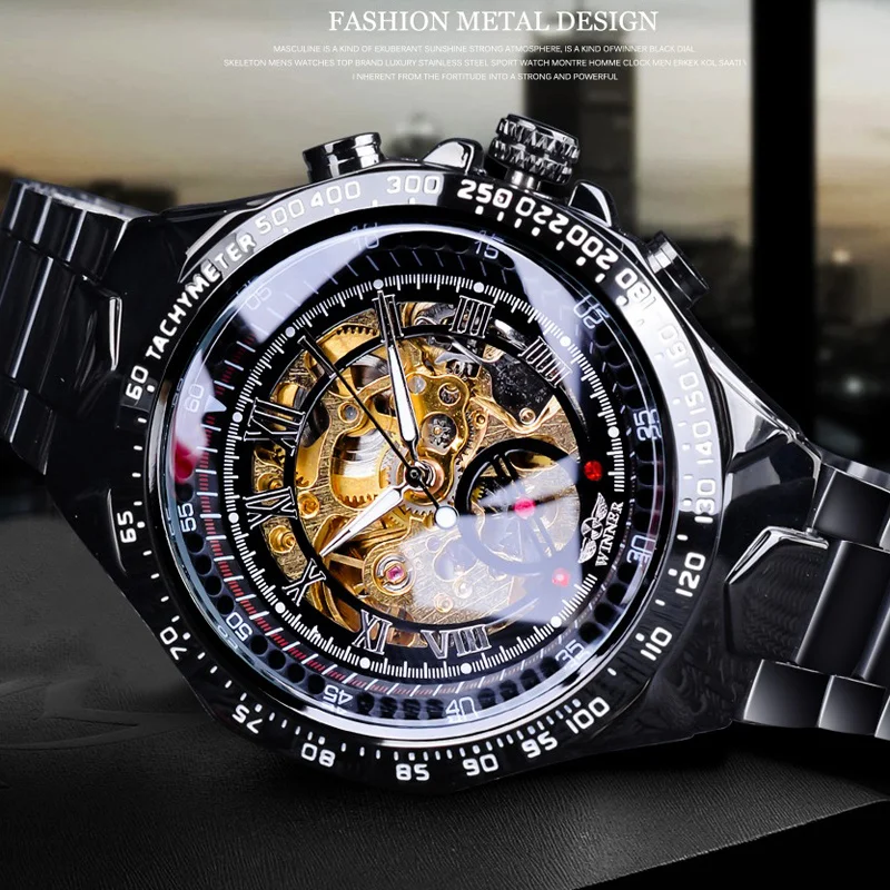 Relojes de Pulsera Mecánicos Deportivos Casuales de Moda, Relojes de Esqueleto Negros para Hombre, Relojes Mecánicos Automáticos Winner de Acero Completo para Hombre