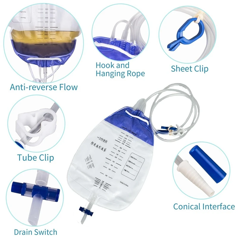 Urin-Entwässerungsbeutel mit 48 Zoll Rohrabfluss, Clips und Haken zum Aufhängen, Urinbeutel mit Anti-Reflux-Kammer, 1500 ml, 10er-Pack-ABVK