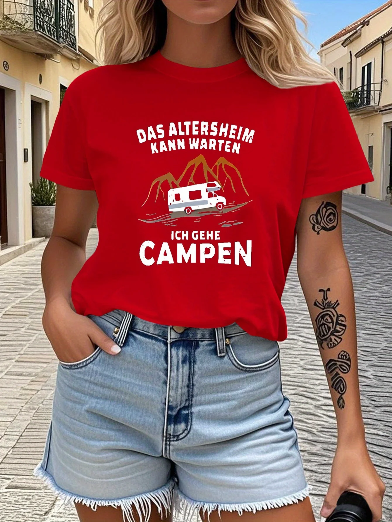 تي شيرت نسائي برسومات RV التخييم الألمانية الفكاهة مع تصميم شاحنة التخييم الجبلية Harajuku بأكمام قصيرة كاجوال #3