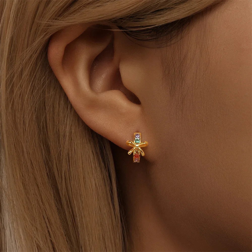 KO 925 Sterling Silver Bow Colorful Diamond Zircon Earrings Sweet and Fresh Women's Minimalist Earbone Studs Party Jewelry