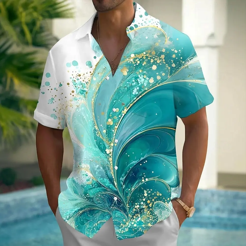 

Men's Ocean Marble Abstract Art Summer Hawaiian Shirt Button Up Shirt Aloha Shirt Short Sleeve Front One Pocket Blue shirts