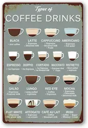 Coffee Signs for Wall Coffee Decorations for Coffee Bar Metal Kitchen Sign Coffee Knowledge Types of Coffee Drinks Tin Sign Vint