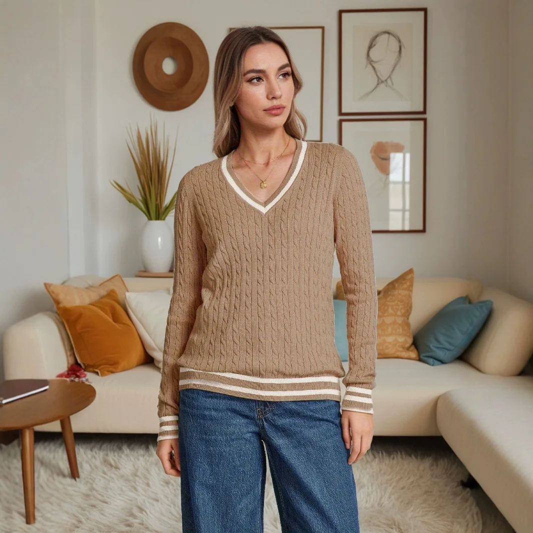 Gestreifter Pullover für Damen im Herbst und Winter, vielseitig, elegant, lässig, künstlerisch, Farbblock-Pullover mit V-Ausschnitt, Strickwaren