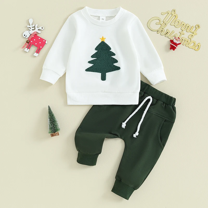 Conjunto de ropa de 2 piezas para niños pequeños, sudaderas de manga larga con bordado de árbol de Navidad, Tops y pantalones largos