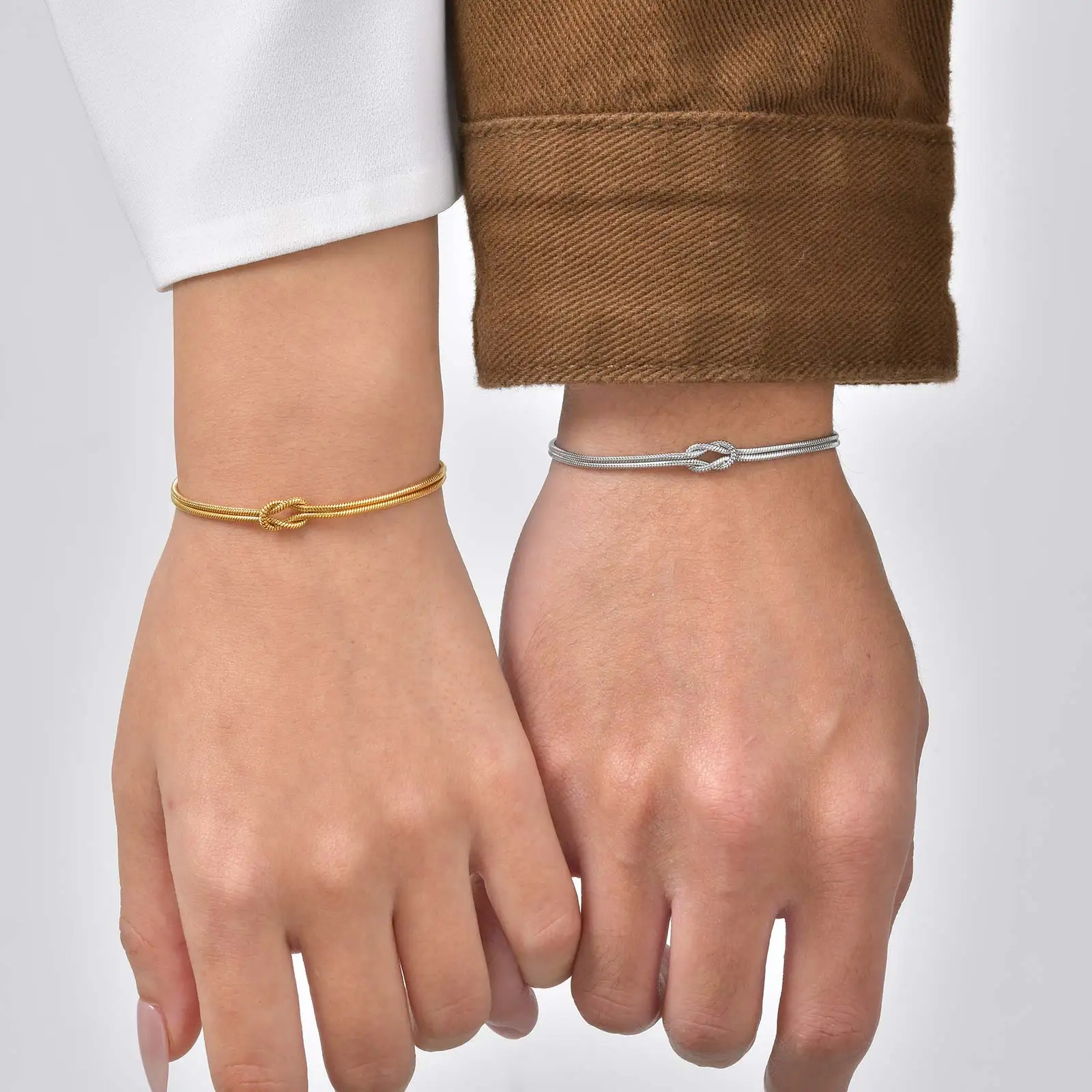 Vnox Two Layers Snake Chain Adjustable Couple Bracelets for Women Men, Stainless Steel Love Knot Wristband, Valentine's Day Gift