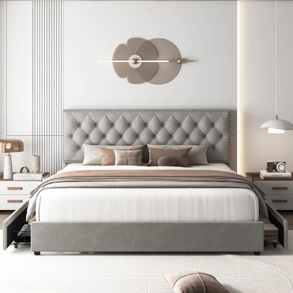 HOSTACK Queensize bedframe met 4 opbergladen, modern gestoffeerd platformbed met verstelbaar hoofdeinde, getuft bed met knopen