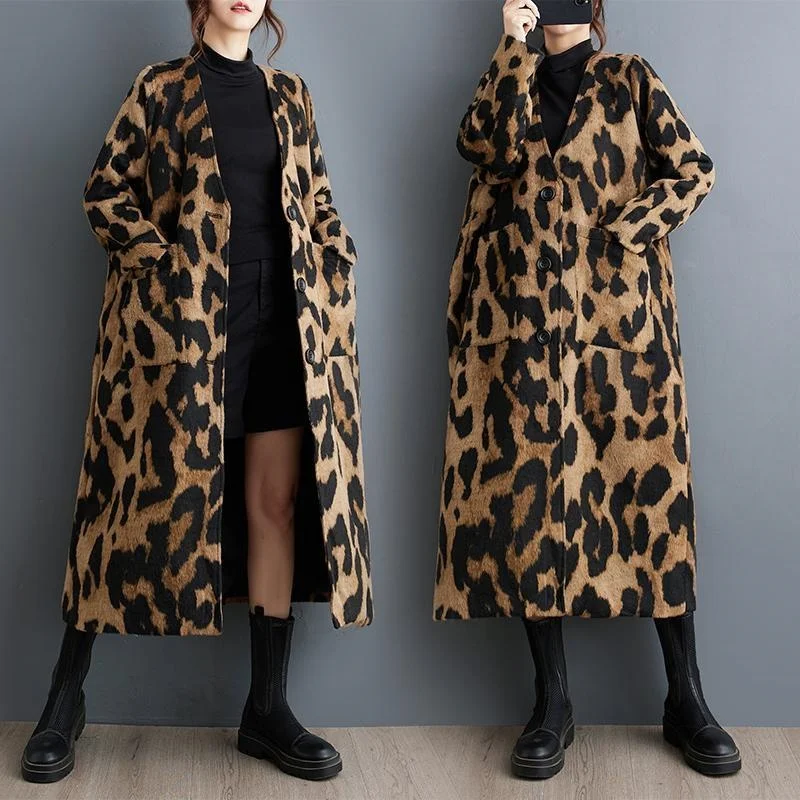 Retro Fashion Leopard Print Woolen Trench Coat Women's Clothing Autumn Spring Loose Medium Long Double-Layer Windbreaker w1434