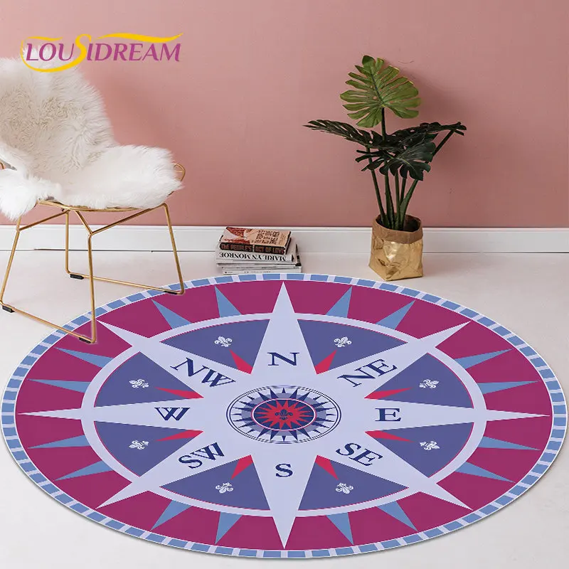 3D 만화 레트로 나침반 원형 영역 러그, 거실 침실 소파 장식용 라운드 카펫 러그, 어린이 미끄럼 방지 바닥 매트, 애완 동물 매트
