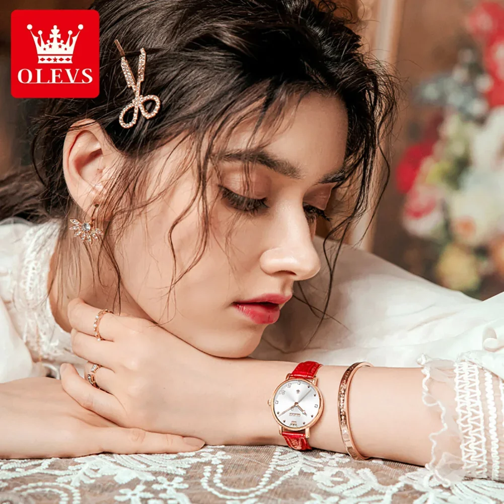 OLEVS 5505 Genuine Leather Strap Fashion Women Wristwatches Trendy High Quality Quartz Waterproof Watch for Women Calendar