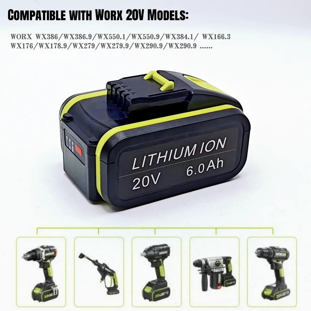 20V バッテリー 6000mah リチウムイオン Worx WX390/WX176/WX166.4/WX372.1 WX800/WX678/WX550/WX532/WG894E WG629E/WG329E 用