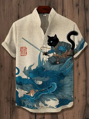 Men's Samurai Cat And Dragon Art Print Casual Shirt Hawaiian Short Sleeve Funny Summer Holiday Shirts Japanese Style Y2K Harajuk