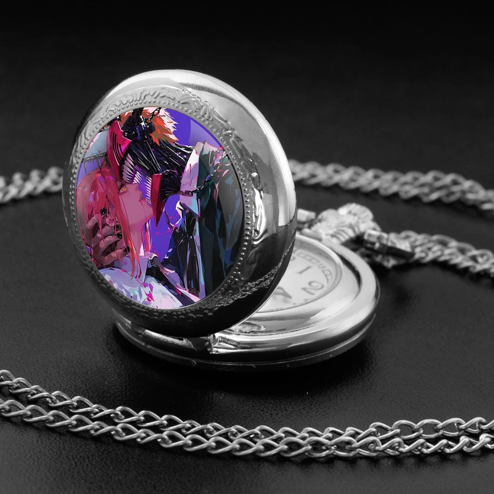 Anime Chainsaw Man Quartz Pocket Watch Chain Necklace Glass Dome Unique Pendant Watch Unisex Gift Manga Collectible Accessory