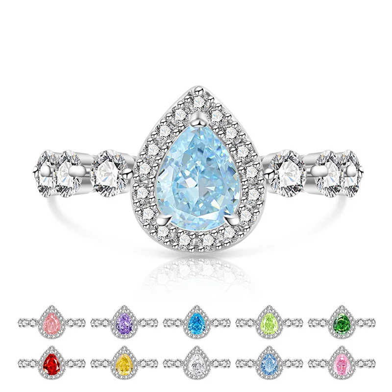 

925 Sterling Silver Pear-shaped Ice Flower Cut High Carbon Diamond Water Drop Ring Wedding Holiday Jewellery