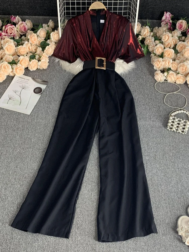 

Women Elegant Vintage Casual Sequin Belt Clean Color New Jumpsuit Summer V-neck High Waist Wide Leg Pants
