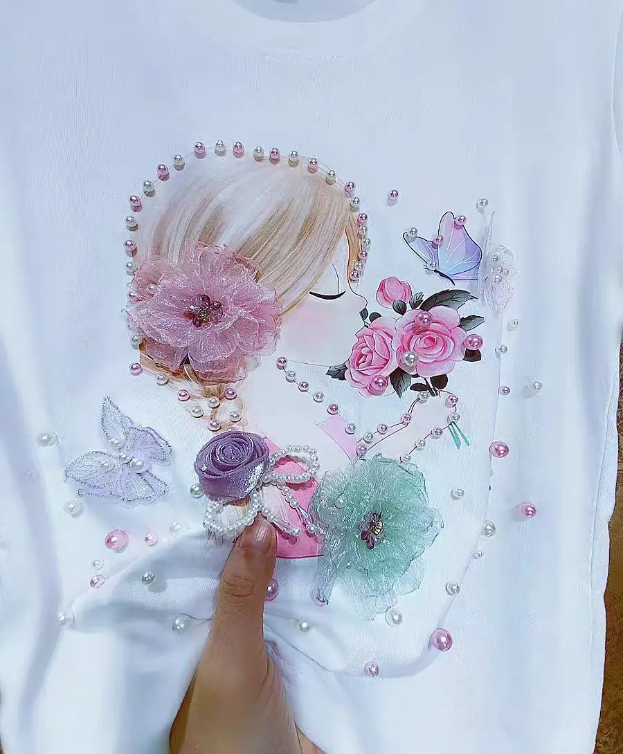 New In Y2K Tshirt  Luxury Beaded Flowers Graphic Cotton T Shirts For Women Embroidery Butterfly Stitch Tops Tees Camisetas