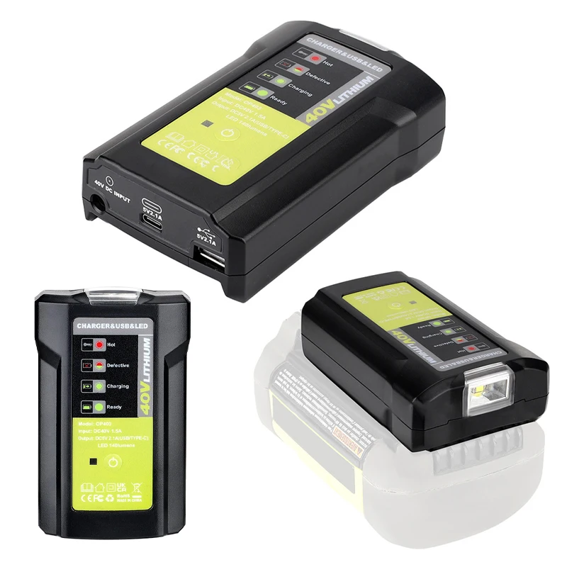 Caricabatterie adattatore per utensili elettrici con luce da lavoro a LED per batteria agli ioni di litio RYOBI 36-40V con uscita USB Type-C 5V 2.1A