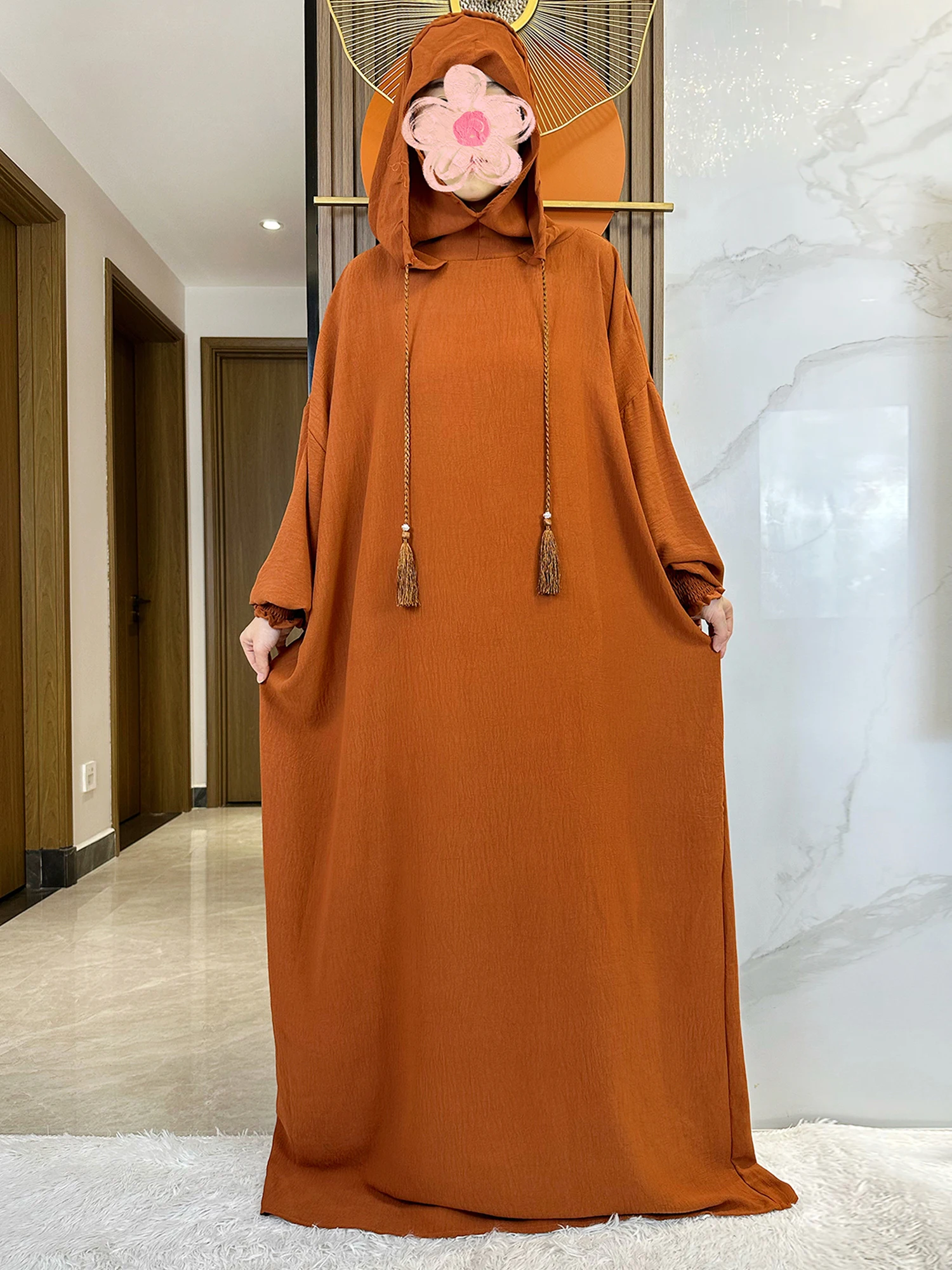 Muslim Abaya Pullover katun padat dua topi wanita Lebaran gaun Maxi panjang bertudung Turki Kaftan jubah Arab pakaian Dubai Hijab Islami