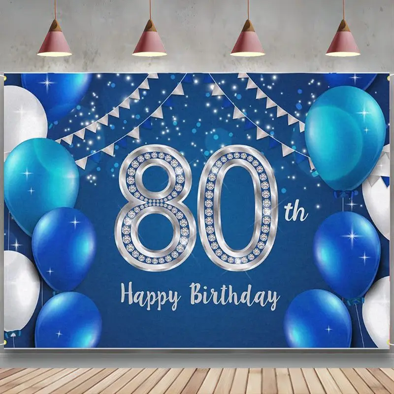 Feliz 80 cumpleaños Banner telón de fondo 80 años decoraciones de cumpleaños suministros de fiesta para mujeres hombres azul plata