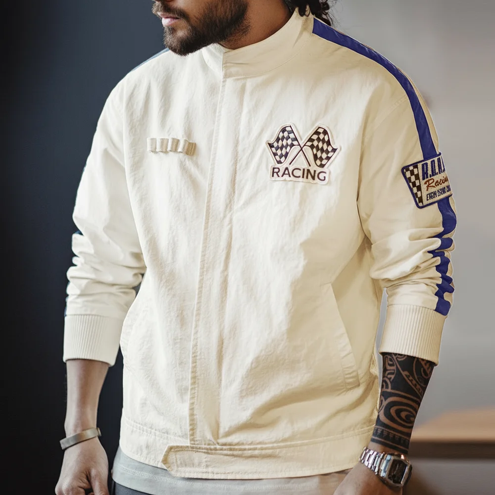 Maden Vintage Color Blocked Embroidered Racing Jacket Casual Baseball Collar Jacket Men's Spring Versatile Zip-up Outerwear