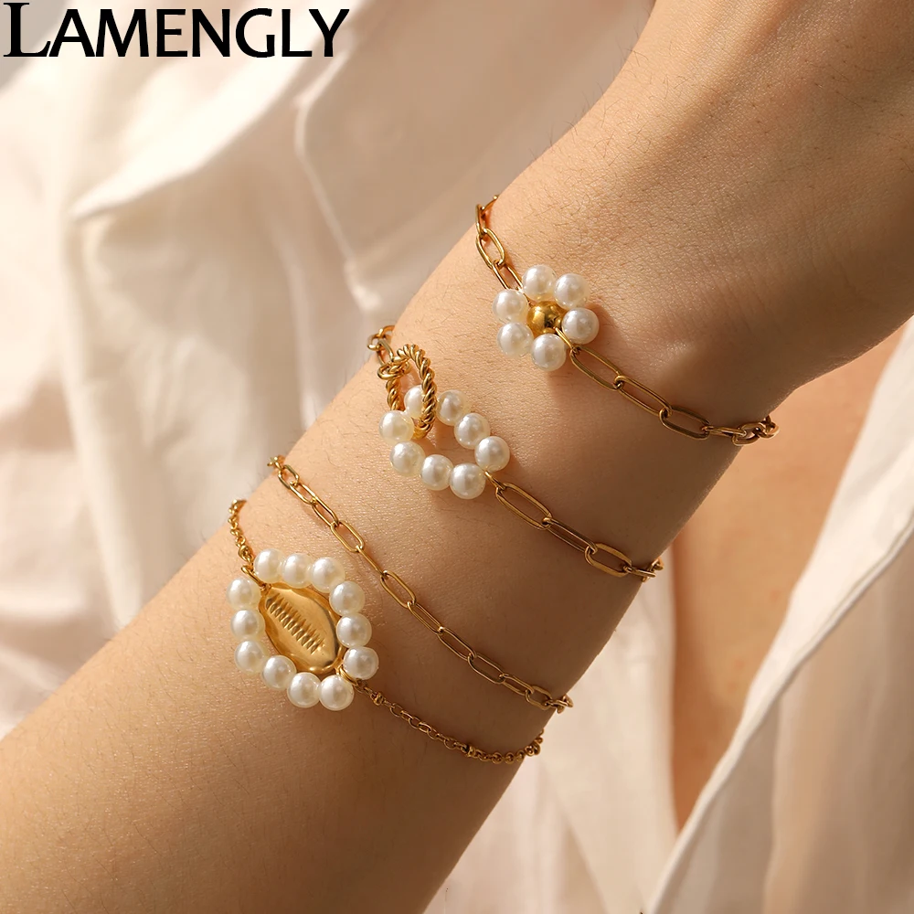 LAMENGLY 316L Stainless Steel Elegant White Pearl Surround Circle Flower  Bracelet Women Temperament Wrist Chain Party Gift