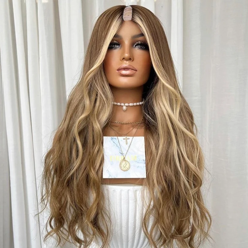 

Best Loose 28 Inch Wavy Remy European 100% Human Hair Light Brown Ash Blonde Highlights Glueless 1*4 Size U/V Part Wig For Women