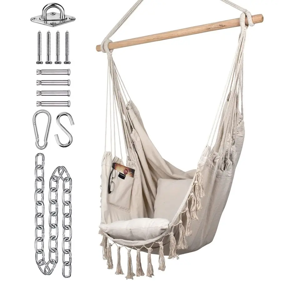 

Hammock Chair Ivory 60 x 47 Hanging Rope Swing for Indoor amp Outdoor Soft amp Durable Cotton Canvas 2 Cushions Included Large M