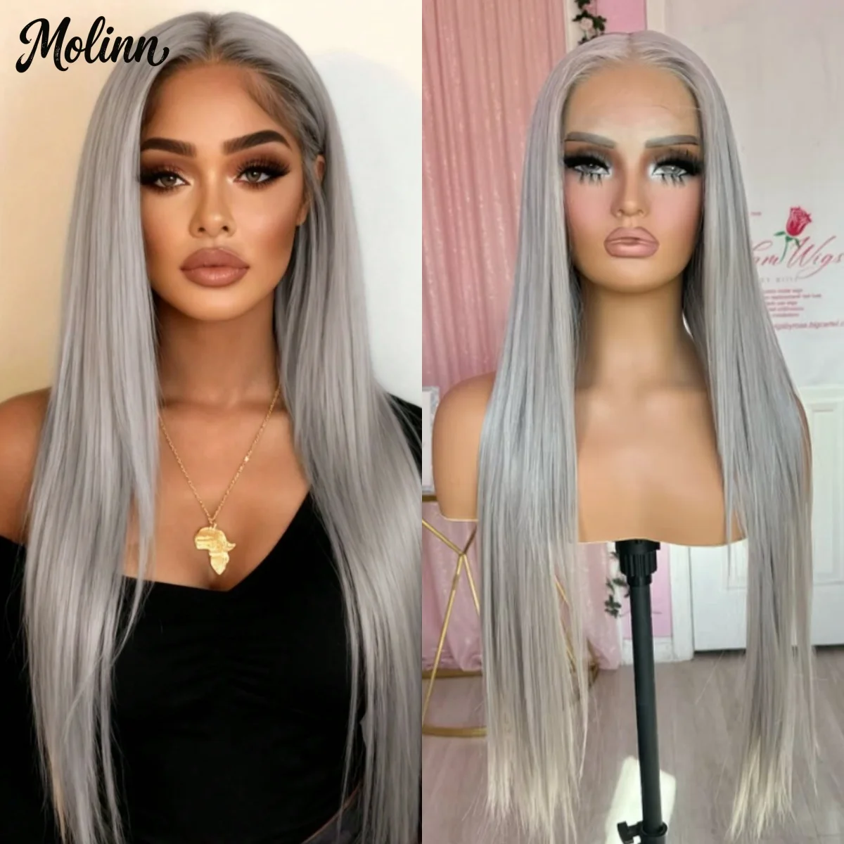 

Серебристо-серый парик, длинный прямой, с кружевной передней частью, предварительно прорезанный, 13x4 HD, без клея, синтетический, с естественной линией роста волос, для косплея, по распродаже