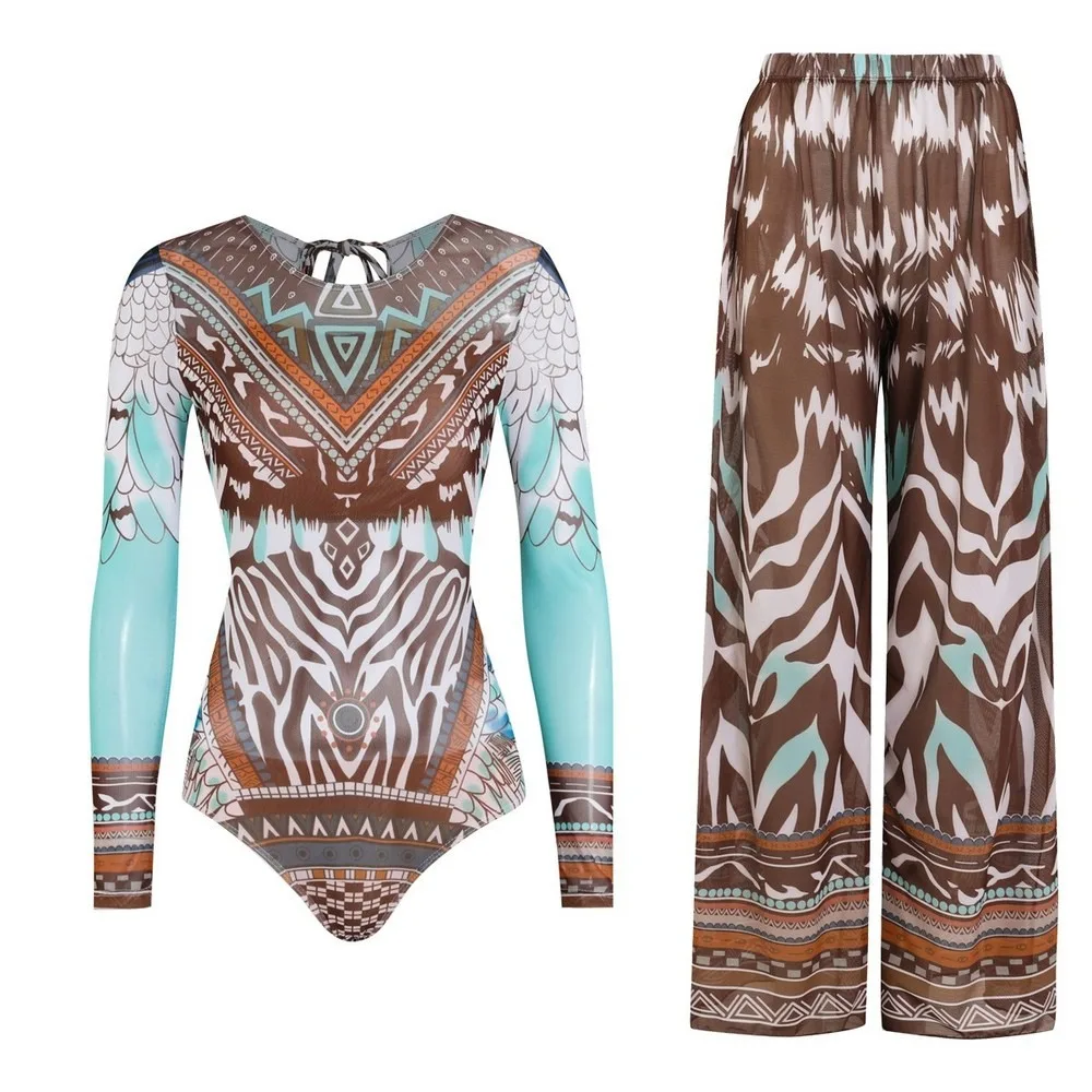 Women's Printed One-Piece Swimsuit Long Sleeve High Neck Slim Fit Quick-Dry UV Protection Beach Swimsuit With Wide Leg Brazilian