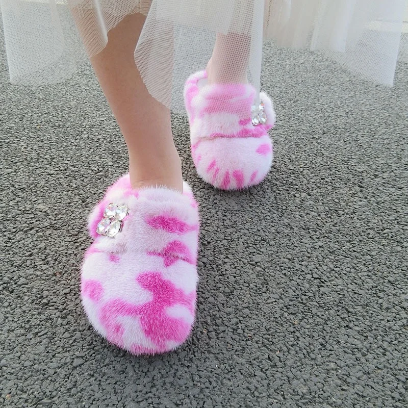 Fashion Pattern Design Baotou Slippers Women Luxury Mink Fur Two-color Slippers Rhinestone Decorative Lace-up Warm Women's Shoes