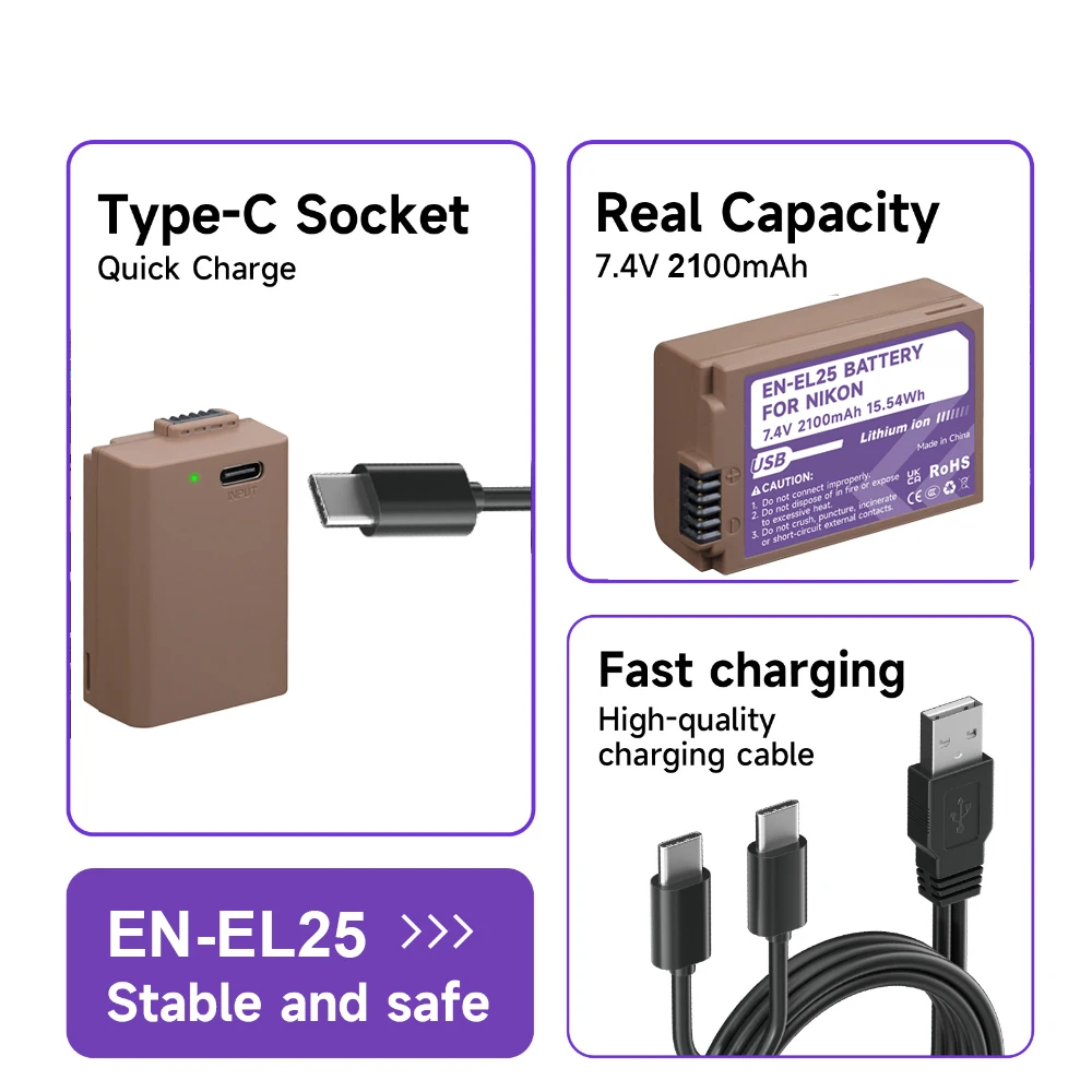 PALO 2100mAh EN EL25 EN-EL25 ENEL25 camerabatterij met Type-C oplaadingang en LCD-oplader voor Nikon Z30 Z50 ZFC Z 50 Z FC
