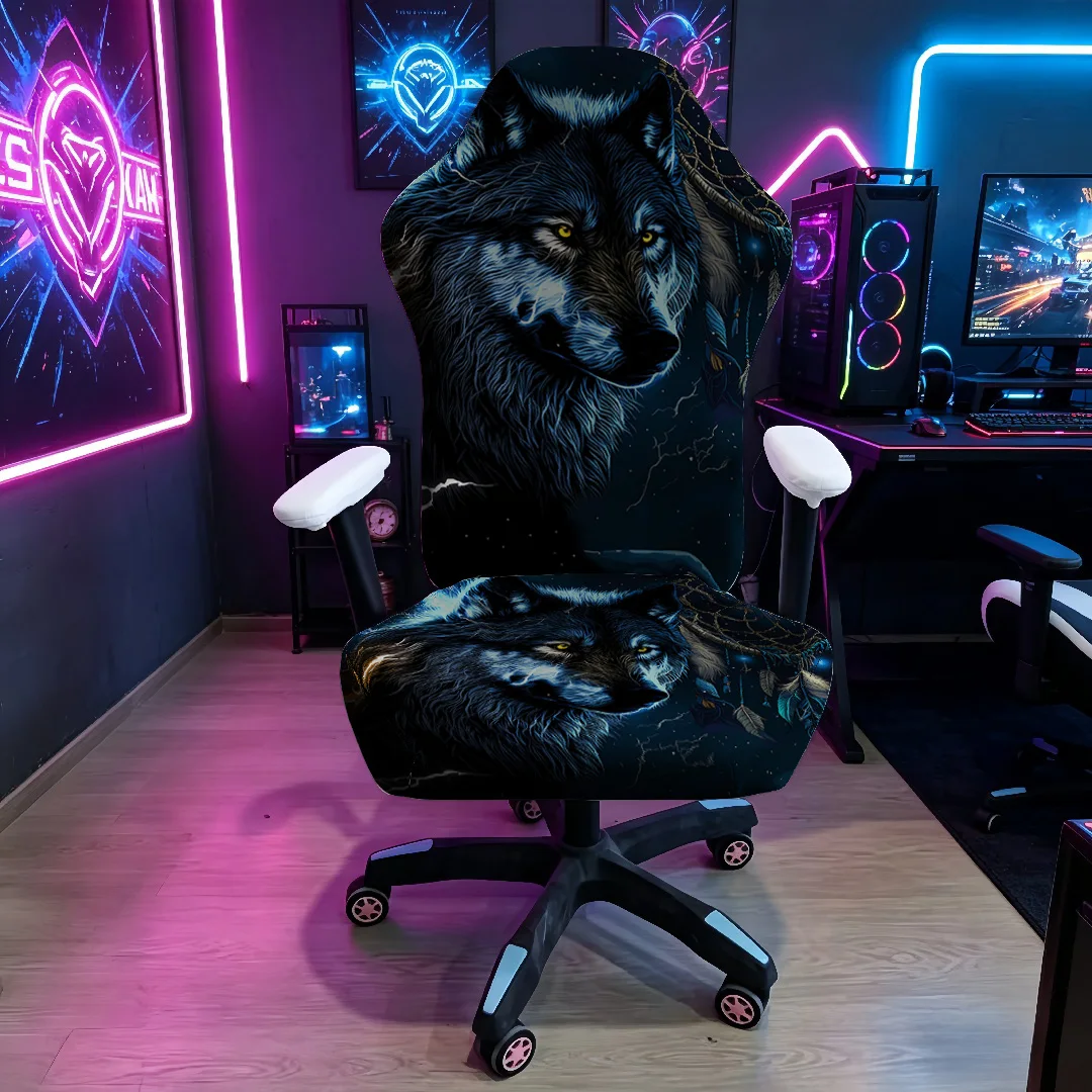 Black Wolf & Dreamcatcher Gaming Chair Cover, Stretch Elastic Anti-Scratch Slipcover for Gamer & Office Chair
