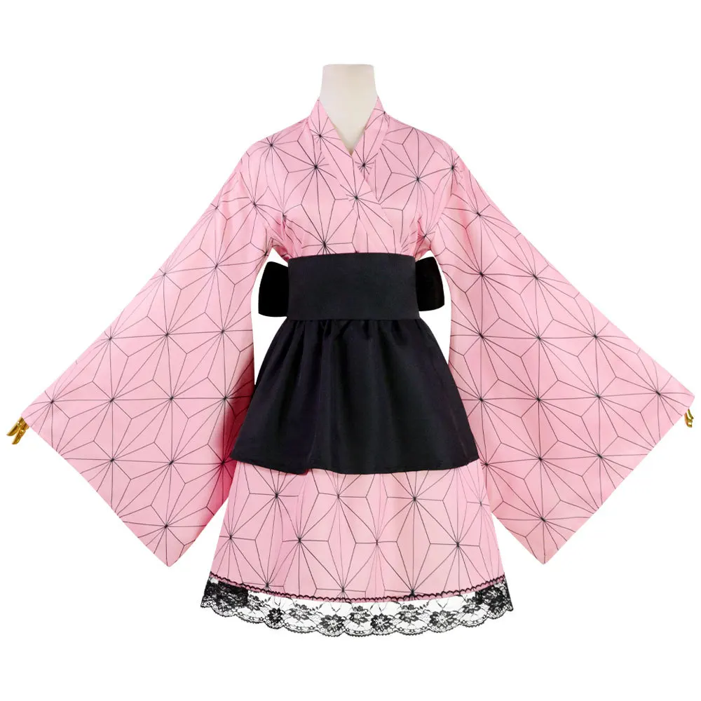 Vestidos de sirvienta Kimono de Anime para mujer, disfraz de Cosplay de Kamado Nezuko, Kimonos japoneses, vestido Lolita, regalo de fiesta de Halloween