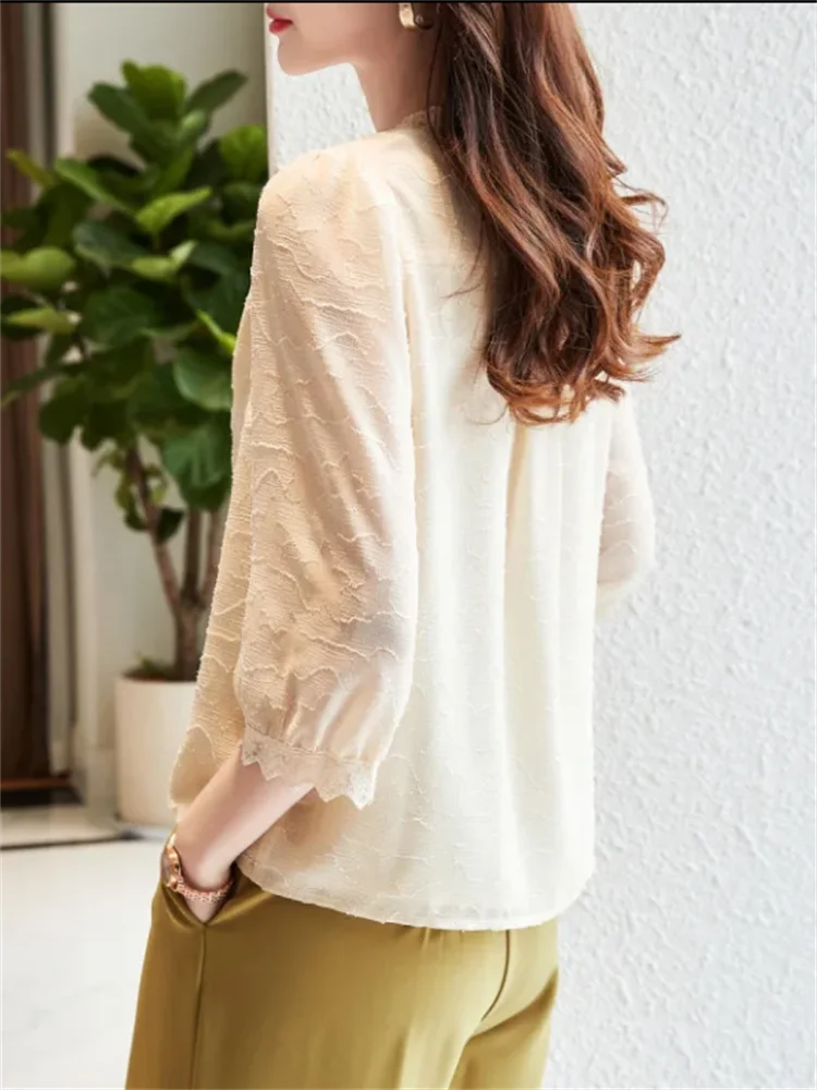 Thin Blouses V-neck Pullover Women Shirts 3/4 Sleeve Chiffon Shirt Lace Tops Summer Woman Clothes Blous Button Female Blouses