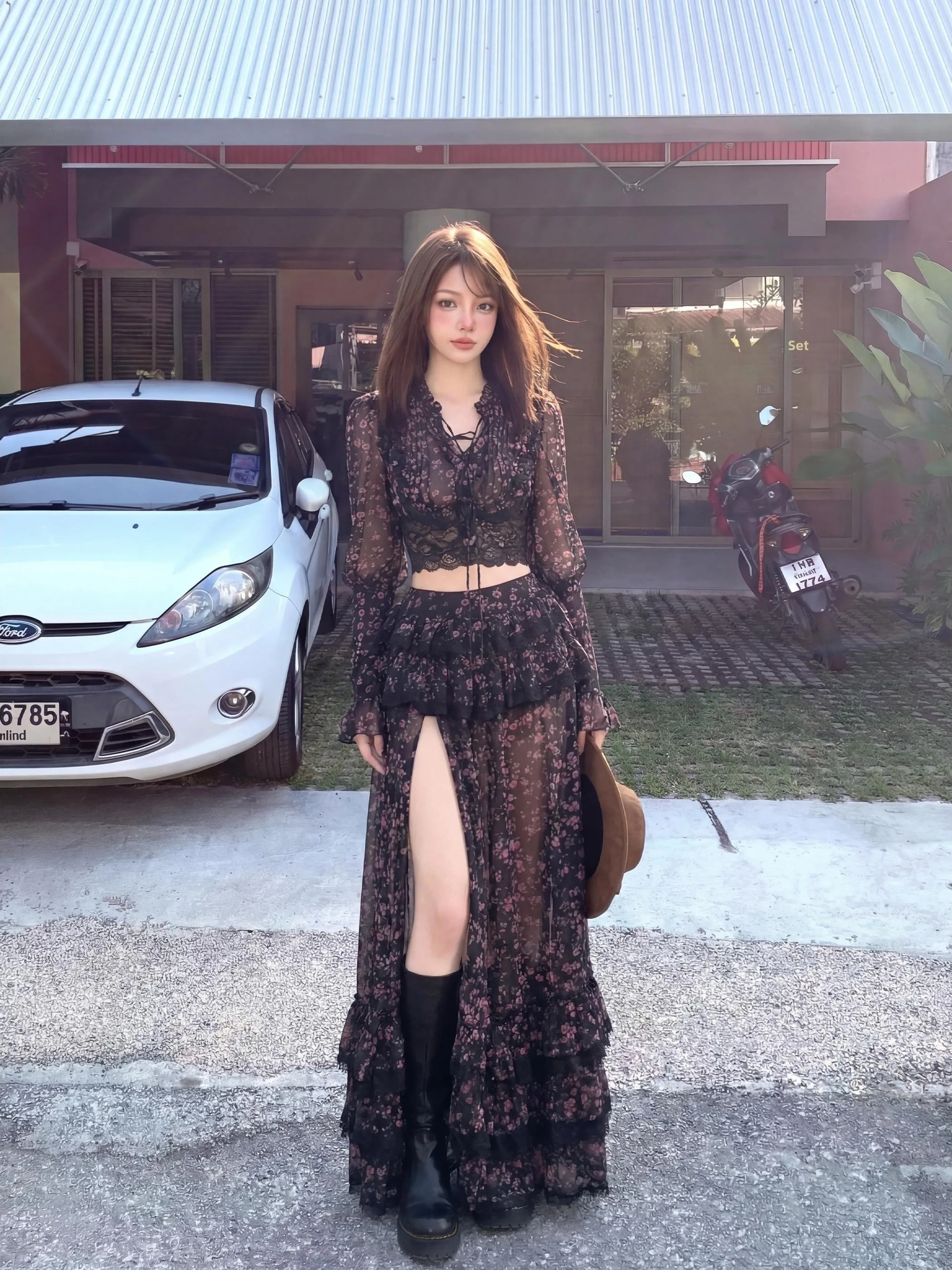 

Spring Summer Short Floral Shirt Top Women's Slim Fit Long Skirt Set Two Pieces Set Girl's Fashion Style Versatile Seasonal Wear