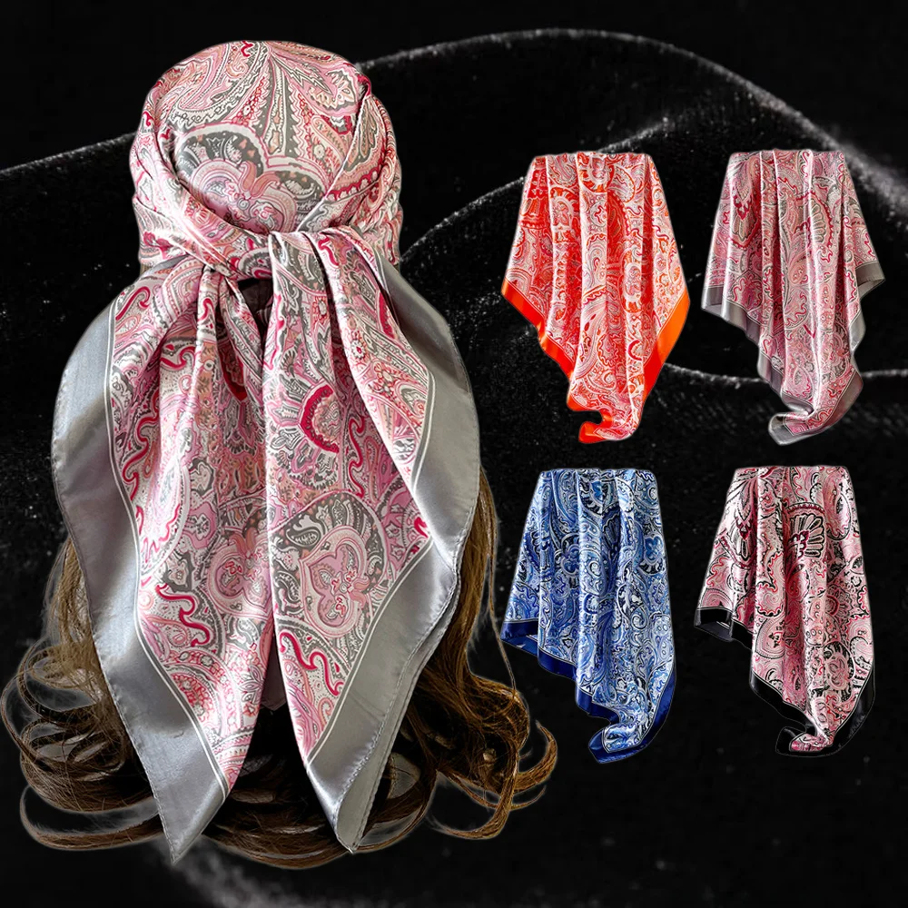 90cm Paisley Print Satin Square Scarf Wild Retro Headscarf Women Fashion Accessory Pink Grey Paisley Satin with Color Border