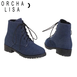 ASILETO Stivali da donna a metà polpaccio in denim con lacci piatti con tacco Stivali invernali da donna corti blu Jeans adesivi Scarpe da donna F1320