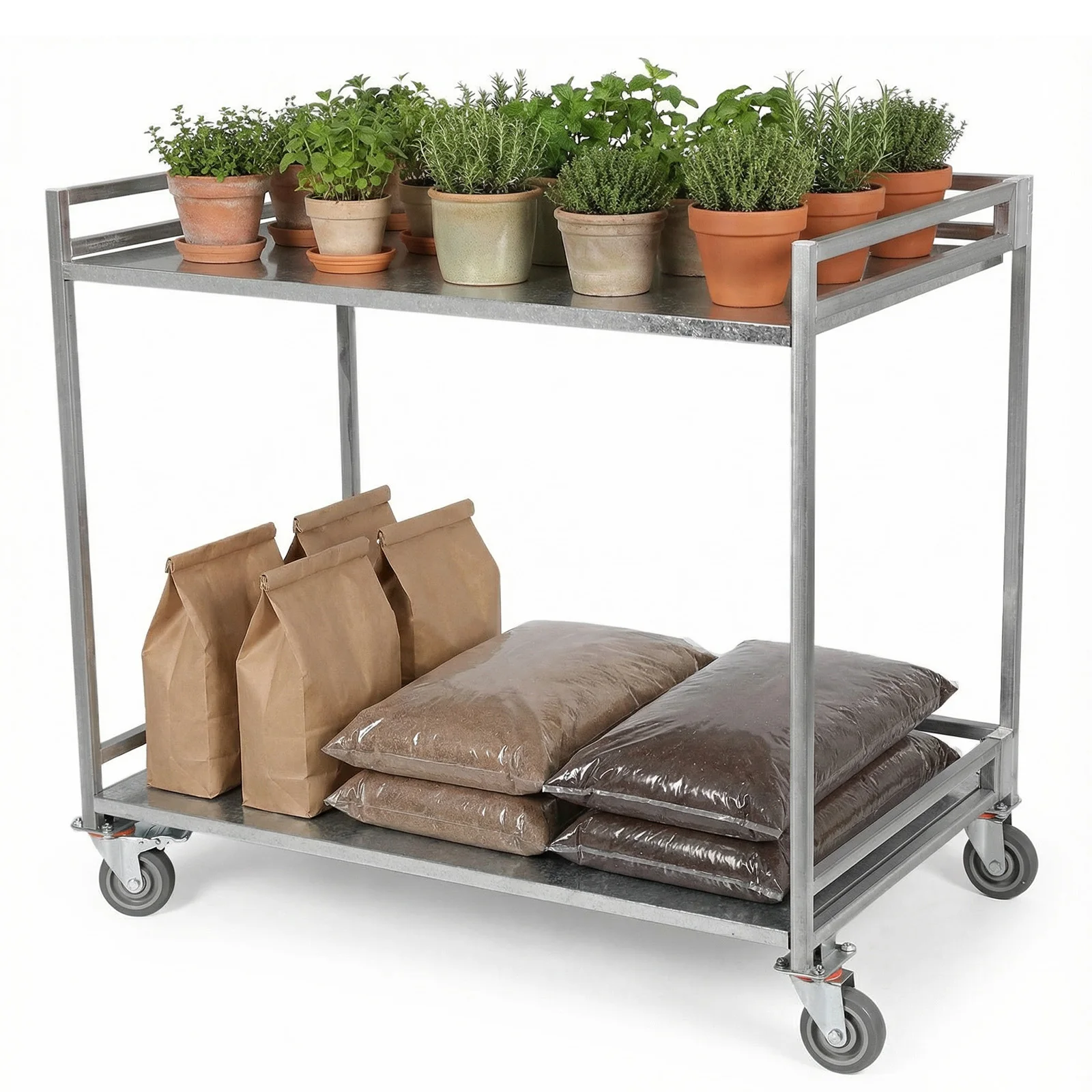 

Металлическая тележка на 2 полки с колесами, грузоподъемность 300 кг, с ручкой, для склада/гаража/уборки/производства