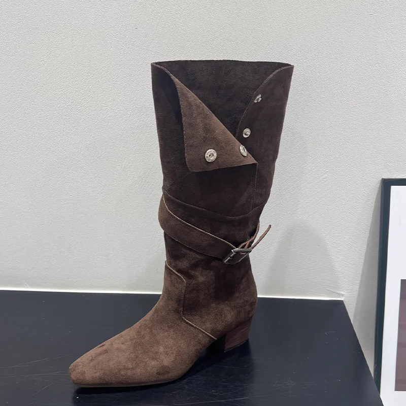 

Женские высокие сапоги на среднем каблуке, элегантные дизайнерские туфли на массивном каблуке, модные ботинки челси 2024, новые зимние туфли-лодочки с пряжкой, платье Mujer Botas