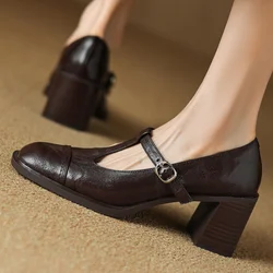 Women's sheepskin 6.5cm thick high heel square toe t-strap pumps OL style elegant ladies retro daily dress heeled shoes women