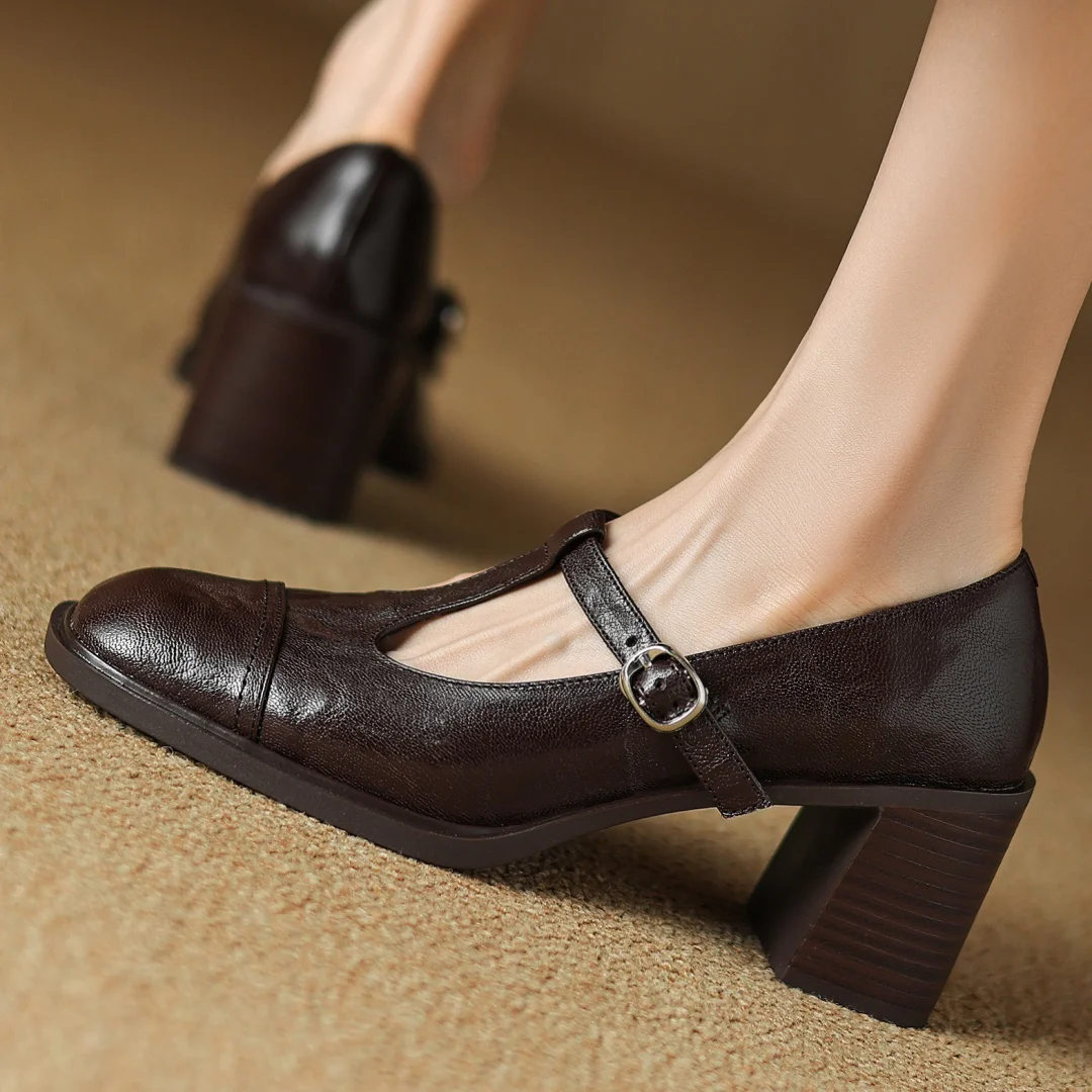 Women's sheepskin 6.5cm thick high heel square toe t-strap pumps OL style elegant ladies retro daily dress heeled shoes women