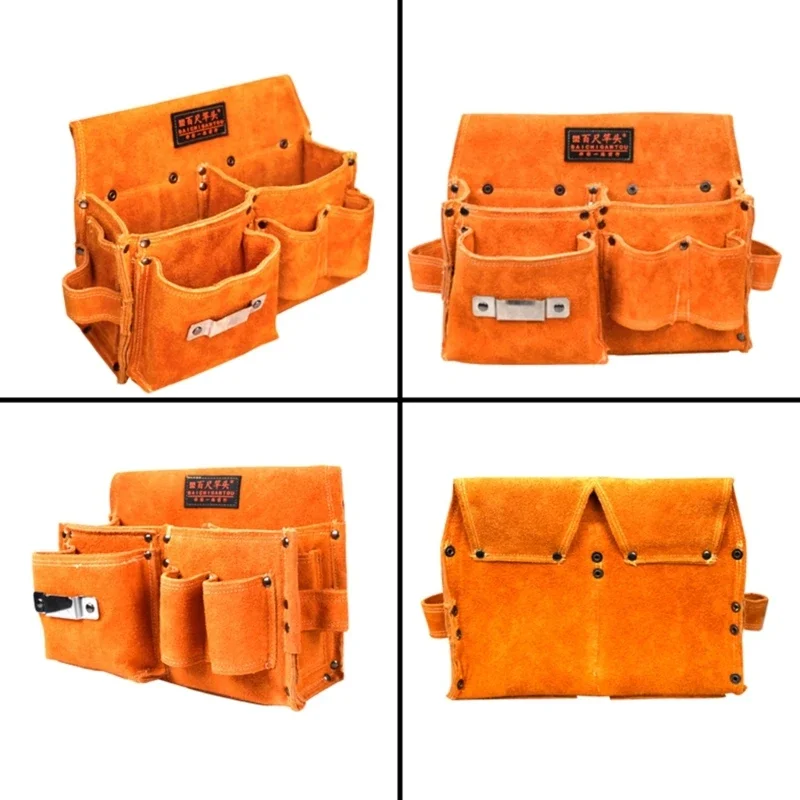 F19B Woodworker Waist Pack Cow Leather Repair Hardware Tool Storage Bag for Men