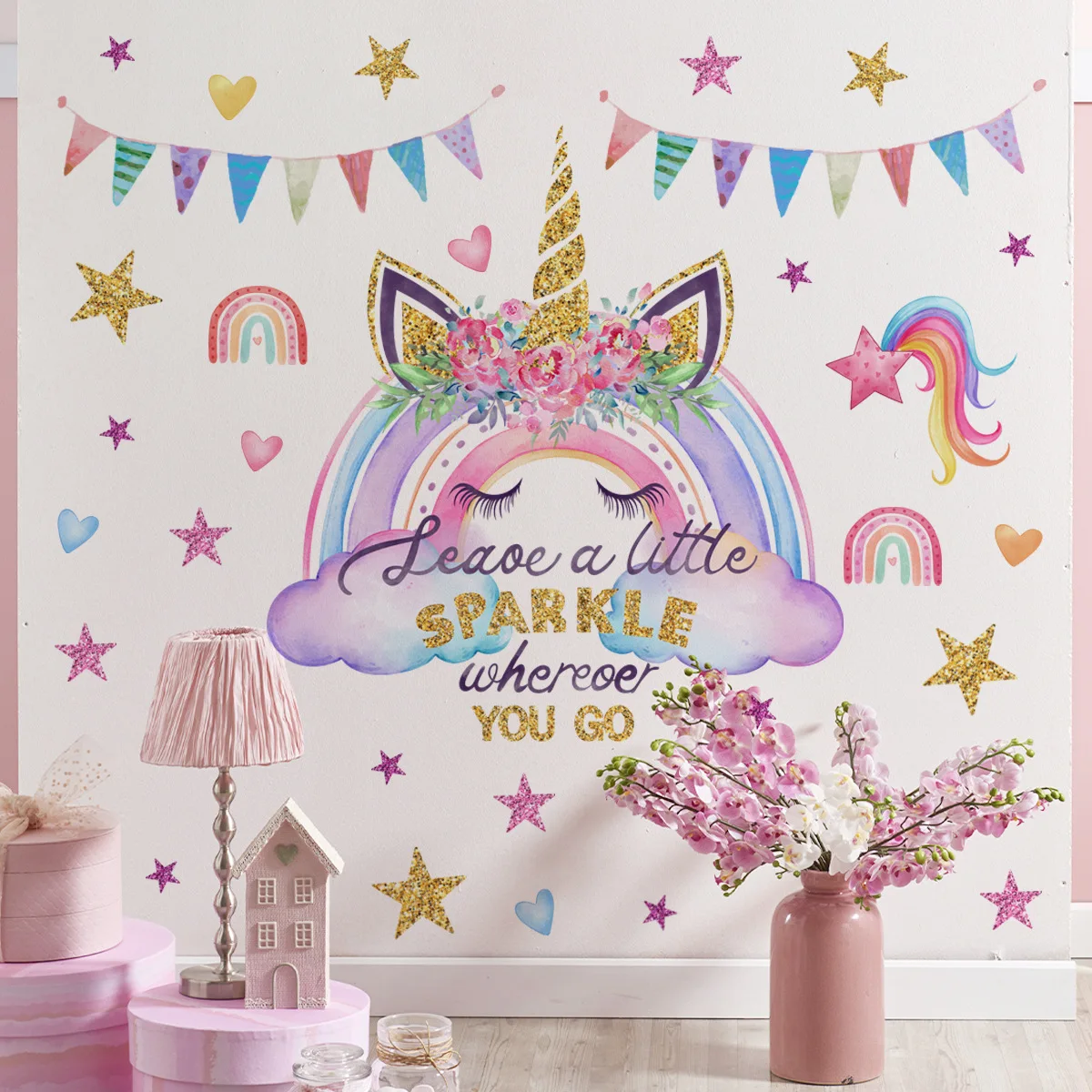 2pcs Cartoon Unicorn Rainbow Stars Wall Sticker Girls Bedroom Children\'s Room Layout Wall Sticker Wallpapers Home Decor Ms2373