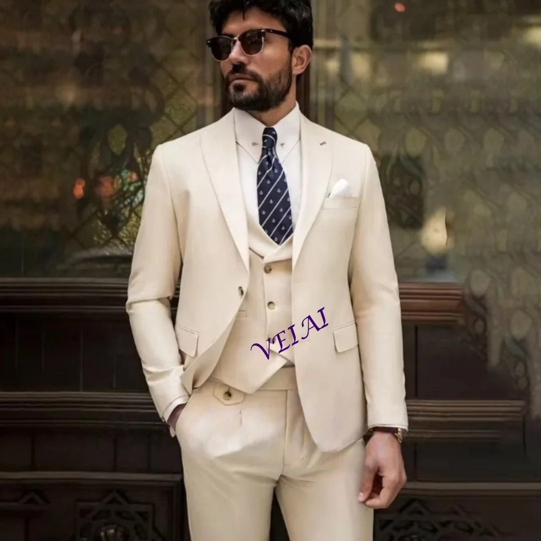 

Formal Beige Men's Suits for Business 3 Piece Sets High Quality Tailored Slim Fit Wedding Office Tuxedo Jacket Vest Customized