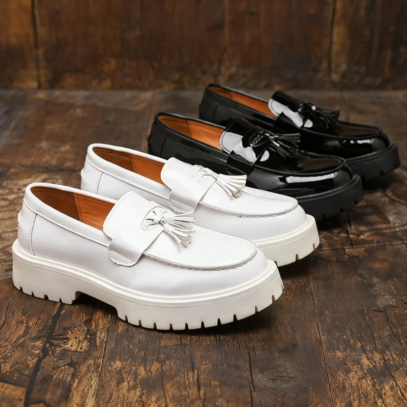 

British Style Men Loafers Tassel Design Thick Bottom Dress Business Casual Shoes Fashion Men's Leather Shoes Black White