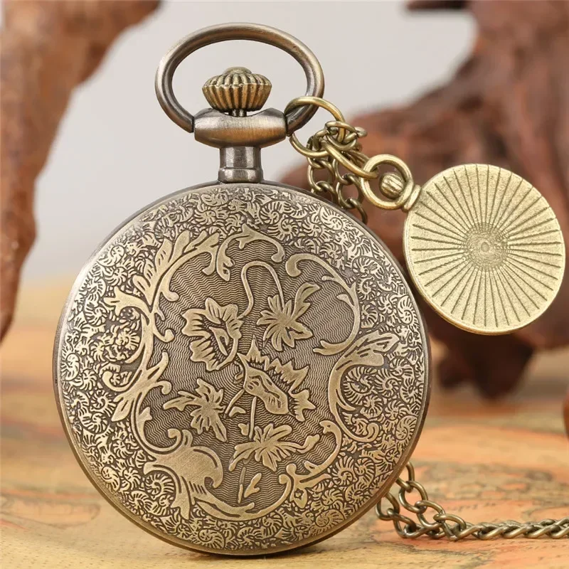Old Fashion Clock Open Face Design Retro Quartz Pocket Watch for Men Women Fob Compass with Necklace Chain Reloj De Bolsillo