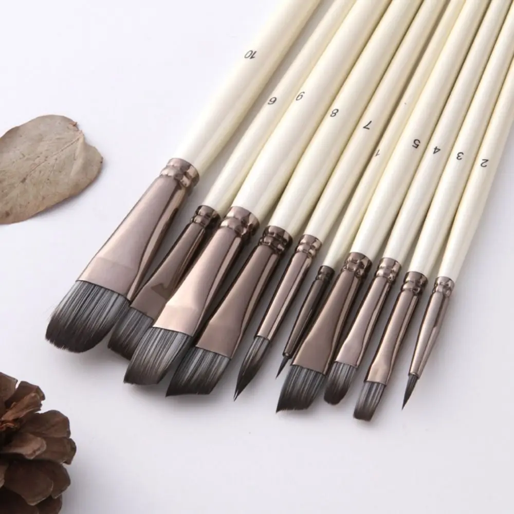 10pcs/set Nylon Hair Paint Brushes Set Professional Wooden Handle Acrylic Oil Brushes White Multifunctional