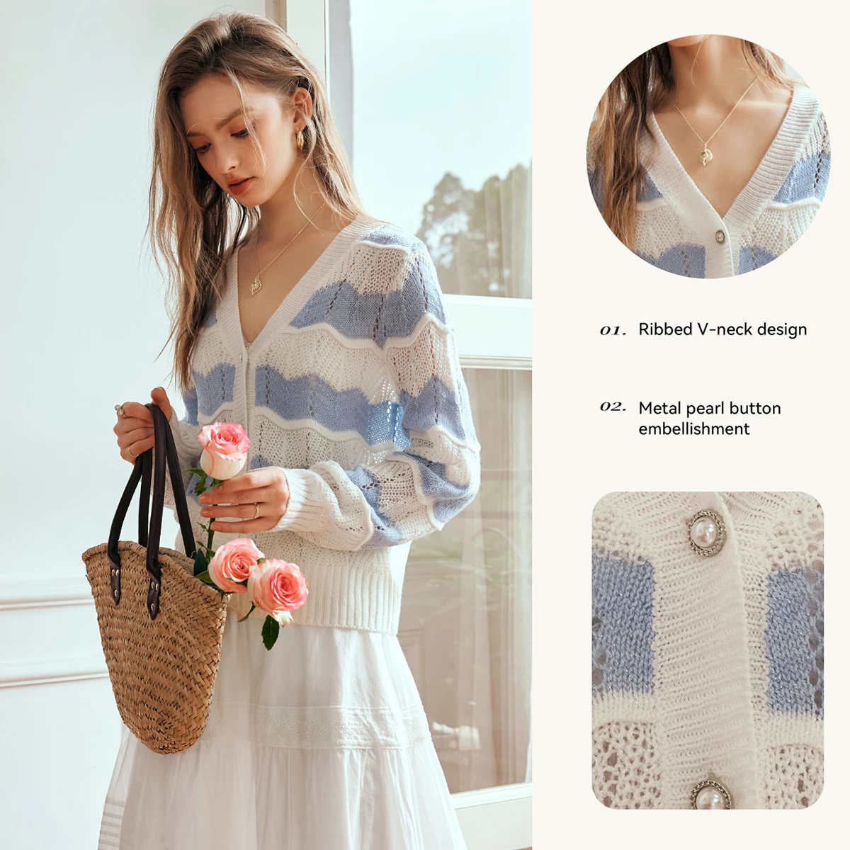 OLrain Spliced Striped Knitted Cardigan for Women 2025 Spring Loose Fit Sweet Hollow V Neck Long Sleeve Sweater N56QM93593