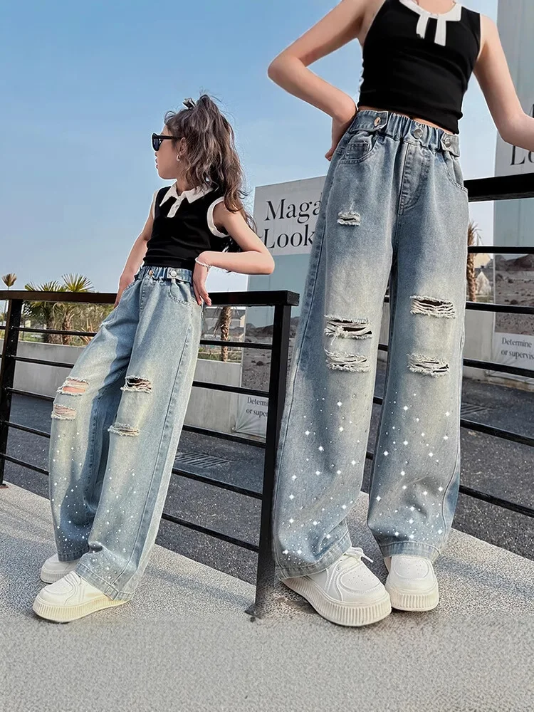 Girls Jeans For Kids Broken Denim Wide Leg Pants Girls High Waist Loose Casual Style Children's Clothing Summer Autumn Trousers
